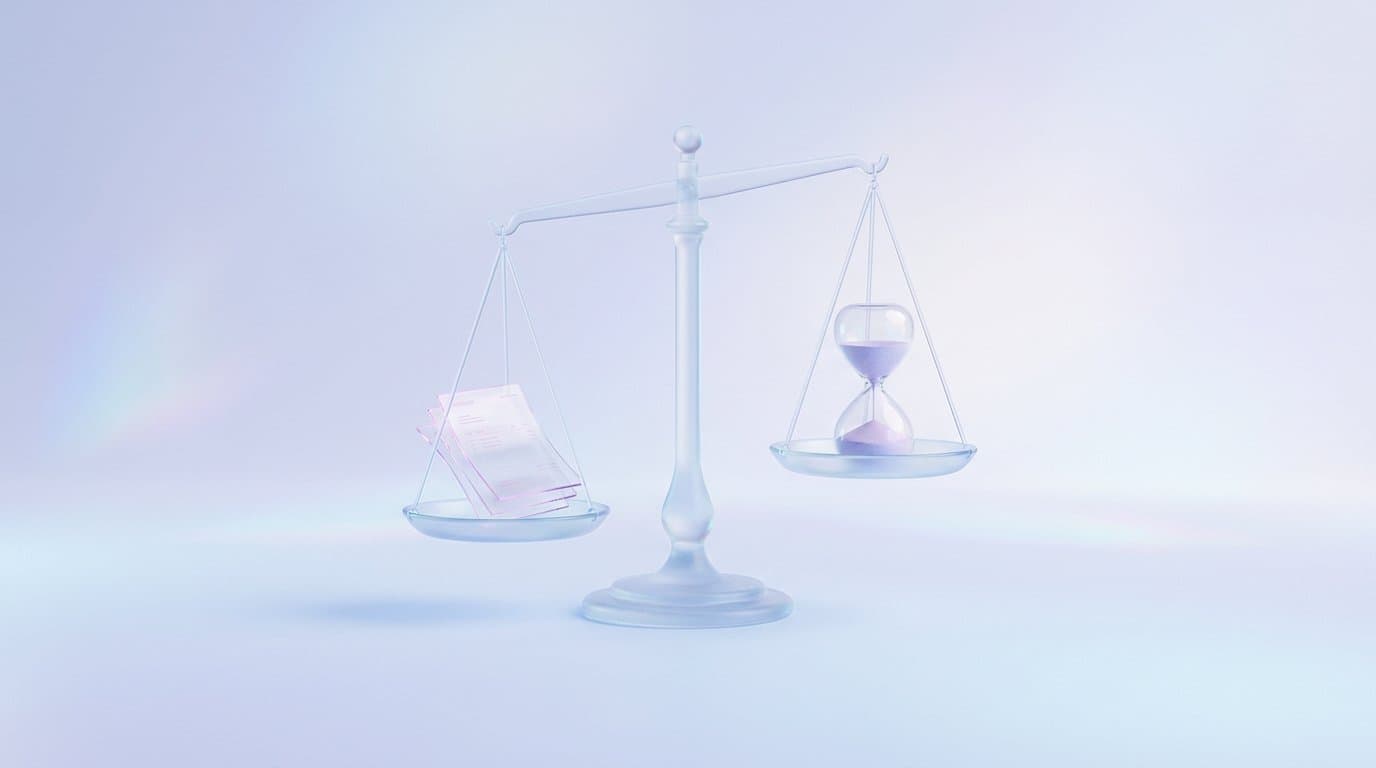A translucent glass balance scale weighing a stack of glass invoices against an hourglass